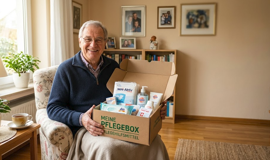 Älterer Herr sitzt in einem Sessel und hält eine geöffnete Pflegebox mit Pflegeartikeln.